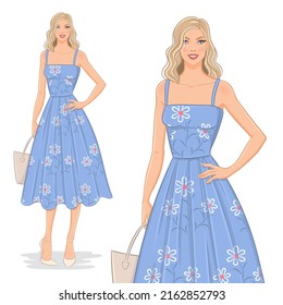 Vector fashion illustration of a beautiful young woman in a summer outfit. Fashion model in a floral dress. Smiling elegant girl isolated on white backgroun