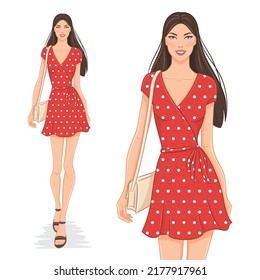 Vector fashion illustration of a beautiful, young, happy woman in a red dotted dress. A fashion model walking, isolated on white background.  A smiling girl in a summer outfit.