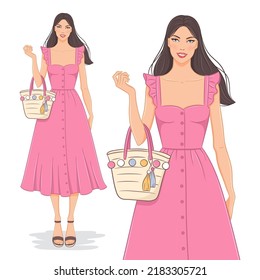 Ilustración vectorial de una mujer hermosa, joven, feliz con un vestido rosa. Modelo de moda aislado de fondo blanco.  Una chica sonriente vestida de verano.