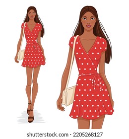 Vector fashion illustration of a beautiful, young, happy black woman in a red dotted dress. A fashion model walking, isolated on white background.  A smiling girl in a summer outfit.