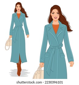 Ilustración de moda vectorial de una mujer hermosa, joven, sonriente, vestida de invierno.
Modelo de moda que camina con un abrigo elegante, aislado de fondo blanco.