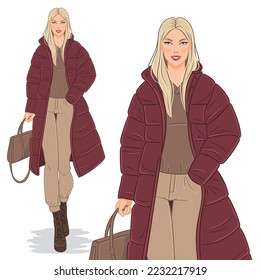 Vector fashion illustration of a beautiful, young, blond, smiling woman in a winter outfit.
A fashion model walking in a stylish down jacket, isolated on white background.