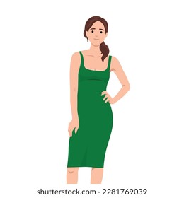 Ilustración vectorial de una hermosa joven con un vestido verde de fiesta. Modelo de moda en un traje de verano. Ilustración vectorial plana aislada en fondo blanco