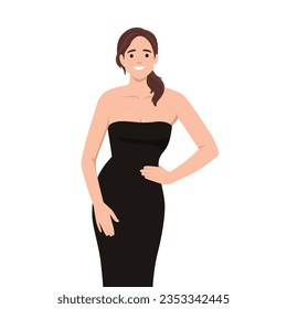 Vector fashion illustration of a beautiful young woman in a black party dress. Fashion model in a summer outfit. Flat vector illustration isolated on white background