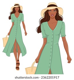 Dibujo vectorial de una hermosa joven sonriente mujer negra con un vestido de verano y un sombrero de playa. Modelo de moda en un traje de verano, aislado de fondo blanco.