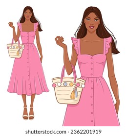 Vector fashion illustration of a beautiful young black woman in a summer outfit. Fashion model in a pink dress. Smiling elegant girl isolated on white background.