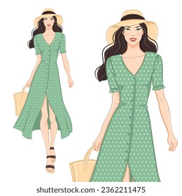 Vector fashion illustration of a beautiful young smiling Asian woman in a summer dress and a beach hat. A fashion model in a summer outfit, isolated on white background.