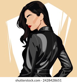 Vector fashion illustration of a beautiful young woman in a leatherette raincoat. Back view.