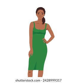 Vector fashion illustration of a beautiful young woman in a green party dress. Fashion model in a summer outfit. Flat vector illustration isolated on white background