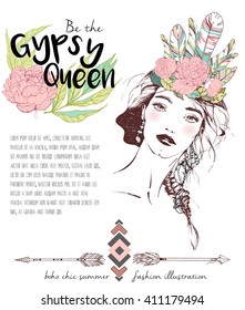 Vector fashion illustration of bohemian woman with headpiece of feathers and peonies. Decorated with traditional boho geometry and arrows. Trendy color Rose quartz. Gypsy Queen.