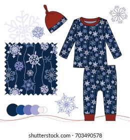 Vector Fashion Illustration of Boy Baby Toddler Pajamas Set, One repeat pattern saved in Pattern Swatches for textile or paper product, Isolated flat sketches and design elements in separate layers