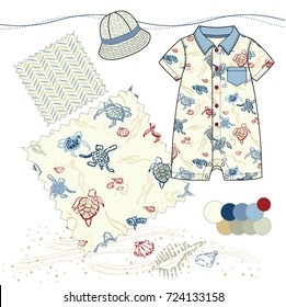 Vector Fashion Illustration of Boy Baby Toddler Outfit / Two repeat patterns saved in Pattern Swatches for textile or paper product / Isolated flat sketches and design elements in separate layers