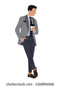 Vector fashion illustration of a business man in suit  and cup of coffee. Business illustration. Morning office style