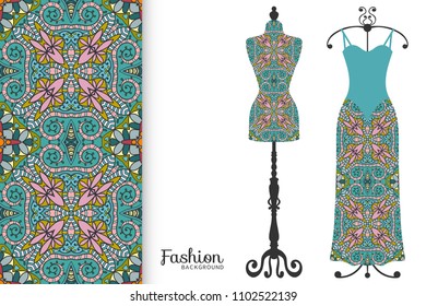 Vector fashion illustration, clothes collection. Vintage tailor dummy, dress model and colorful seamless pattern for textile fabric, paper print, invitation, business card design. Isolated elements