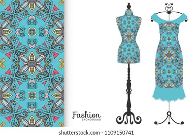 Vector fashion illustration, clothes collection. Vintage tailor dummy, dress model and colorful seamless pattern for textile fabric, paper print, invitation, business card design. Isolated elements