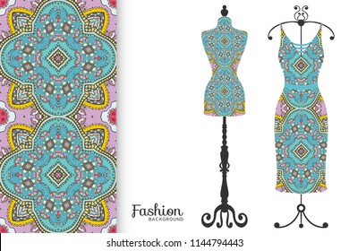 Vector fashion illustration, clothes collection. Vintage tailor dummy, dress model and colorful seamless pattern for textile fabric, paper print, invitation, business card design. Isolated elements