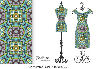 Vector fashion illustration, clothes collection. Vintage tailor dummy, dress model and colorful seamless pattern for textile fabric, paper print, invitation, business card design. Isolated elements