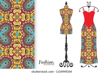 Vector fashion illustration, clothes collection. Vintage tailor dummy, dress model and colorful seamless pattern for textile fabric, paper print, invitation, business card design. Isolated elements