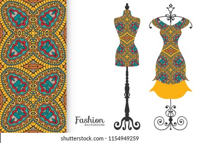 Vector fashion illustration, clothes collection. Vintage tailor dummy, dress model and colorful seamless pattern for textile fabric, paper print, invitation, business card design. Isolated elements