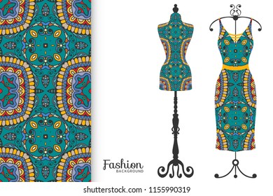 Vector fashion illustration, clothes collection. Vintage tailor dummy, dress model and colorful seamless pattern for textile fabric, paper print, invitation, business card design. Isolated elements