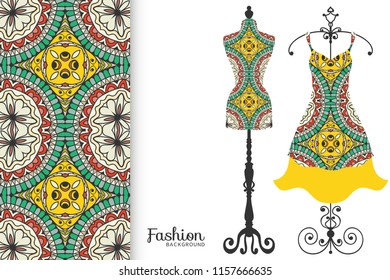 Vector fashion illustration, clothes collection. Vintage tailor dummy, dress model and colorful seamless pattern for textile fabric, paper print, invitation, business card design. Isolated elements