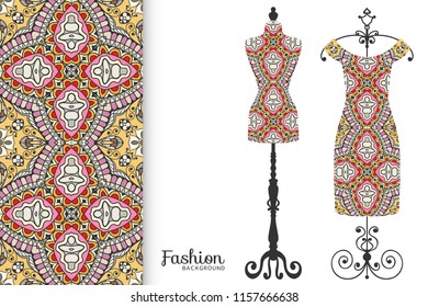 Vector fashion illustration, clothes collection. Vintage tailor dummy, dress model and colorful seamless pattern for textile fabric, paper print, invitation, business card design. Isolated elements