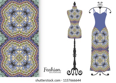 Vector fashion illustration, clothes collection. Vintage tailor dummy, dress model and colorful seamless pattern for textile fabric, paper print, invitation, business card design. Isolated elements