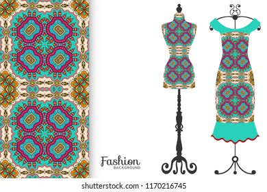 Vector fashion illustration, clothes collection. Vintage tailor dummy, dress model and colorful seamless pattern for textile fabric, paper print, invitation, business card design. Isolated elements
