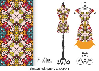 Vector fashion illustration, clothes collection. Vintage tailor dummy, dress model and colorful seamless pattern for textile fabric, paper print, invitation, business card design. Isolated elements