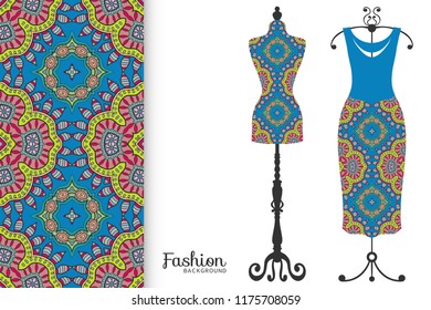 Vector fashion illustration, clothes collection. Vintage tailor dummy, dress model and colorful seamless pattern for textile fabric, paper print, invitation, business card design. Isolated elements