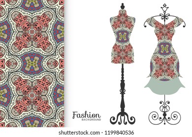 Vector fashion illustration, clothes collection. Vintage tailor dummy, dress model and colorful seamless pattern for textile fabric, paper print, invitation, business card design. Isolated elements