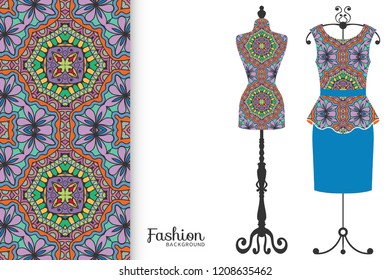 Vector fashion illustration, clothes collection. Vintage tailor dummy, dress model, colorful seamless pattern for textile fabric, paper print, invitation, business card design. Boho style isolated ele