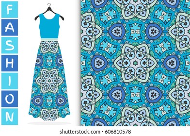 Vector fashion illustration. Colorful doodle floral seamless pattern and beautiful women's long dress model on a hanger. Isolated elements for fabric or paper print, scrapbook, invitation card design