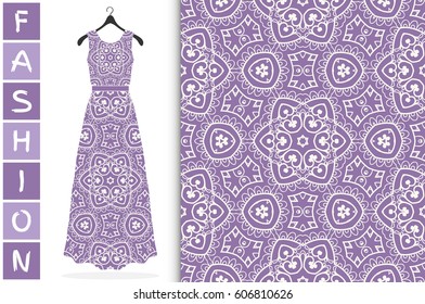 Vector fashion illustration. Colorful doodle floral seamless pattern and beautiful women's long dress model on a hanger. Isolated elements for fabric or paper print, scrapbook, invitation card design