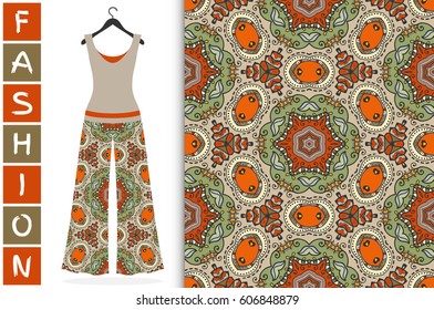 Vector fashion illustration. Colorful doodle floral seamless pattern with women's blouse and trousers on a hanger. Isolated elements for fabric or paper print, scrapbook, invitation card design