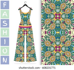 Vector fashion illustration. Colorful doodle floral seamless pattern with women's blouse and trousers on a hanger. Isolated elements for fabric or paper print, scrapbook, invitation card design