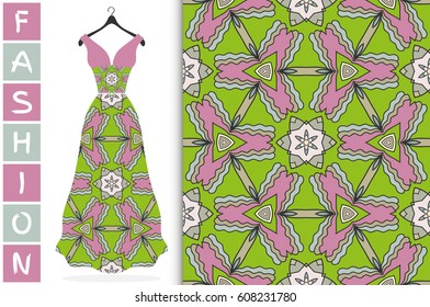 Vector fashion illustration. Colorful doodle floral seamless pattern and beautiful women's long dress model on a hanger. Isolated elements for fabric or paper print, scrapbook, invitation card design