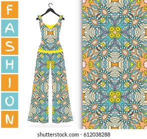 Vector fashion illustration. Colorful doodle floral seamless pattern with women's blouse and trousers on a hanger. Isolated elements for fabric or paper print, scrapbook, invitation card design