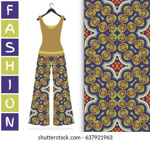 Vector fashion illustration. Colorful doodle floral seamless pattern with women's blouse and trousers on a hanger. Isolated elements for fabric or paper print, scrapbook, invitation card design