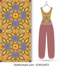 Vector fashion illustration. Colorful doodle floral seamless pattern with women's blouse and trousers on a hanger. Isolated elements for fabric or paper print, scrapbook, invitation card design
