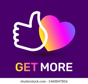 Vector fashion illustration of colorful heart and thumb up on dark color background with text. Line art style socila media design with empathetic emoji reactions for web, site, banner, card, network