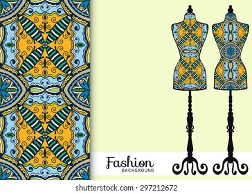 Vector fashion illustration with decorative geometric pattern. Vector vintage tailor's dummy set for female body, isolated elements for invitation card design.