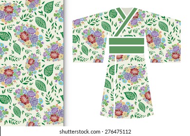 Vector fashion illustration, decorative stylized Japanese kimono ethnic clothes, fabric seamless floral pattern with repeating texture, elements for invitation or greeting card design. 