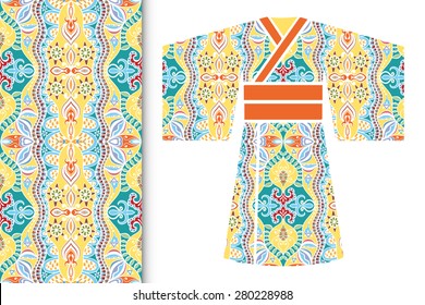 Vector fashion illustration, decorative stylized Japanese kimono ethnic clothes, fabric seamless floral pattern with repeating texture, elements for invitation or greeting card design.