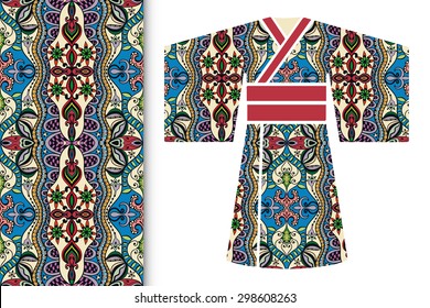 Vector fashion illustration, decorative stylized Japanese kimono ethnic clothes, fabric seamless geometric pattern with repeating texture, elements for invitation or greeting card design.