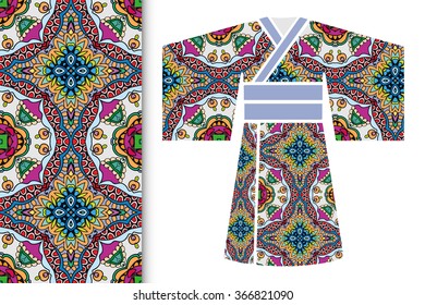 Vector fashion illustration, decorative stylized Japanese kimono ethnic clothes and vertical seamless geometric pattern, repeating texture. Isolated elements for  invitations, greeting cards design