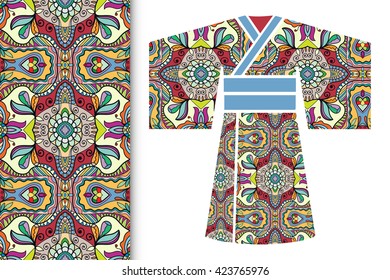 Vector fashion illustration, decorative stylized Japanese kimono ethnic clothes and vertical seamless geometric pattern, repeating texture. Isolated elements for  invitations, greeting cards design