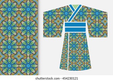 Vector fashion illustration, decorative stylized Japanese kimono ethnic clothes and vertical seamless geometric pattern, repeating texture. Isolated elements for invitations, greeting cards design