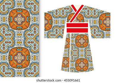 Vector fashion illustration, decorative stylized Japanese kimono ethnic clothes and vertical seamless geometric pattern, repeating texture. Isolated elements for invitations, greeting cards design