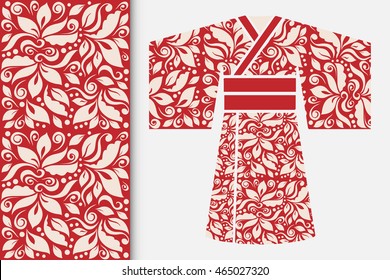 Vector fashion illustration, decorative stylized Japanese kimono ethnic clothes and vertical seamless geometric pattern, repeating texture. Isolated elements for invitations, greeting cards design